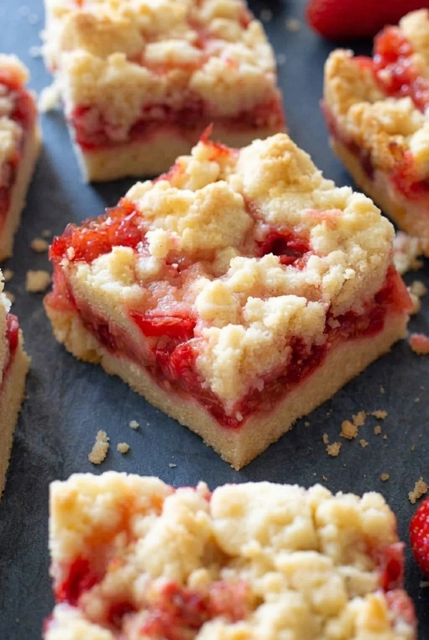 Close detail of a strawberry crumble bar showing its jammy red center, firm base, and buttery crumb topping.