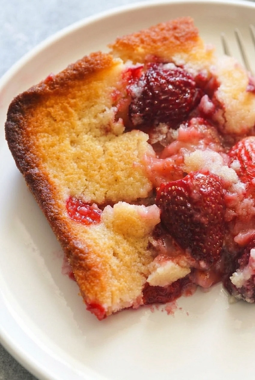 Close view of tender golden strawberry cobbler crumb, browned edge, and juicy whole berry pieces.