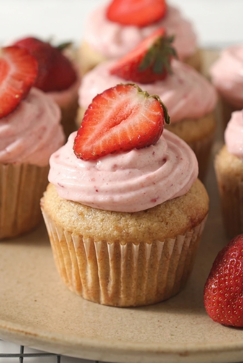 Close-up of strawberry cupcakes showing pink frosting ridges, berry flecks, golden cake, and a fresh strawberry half.