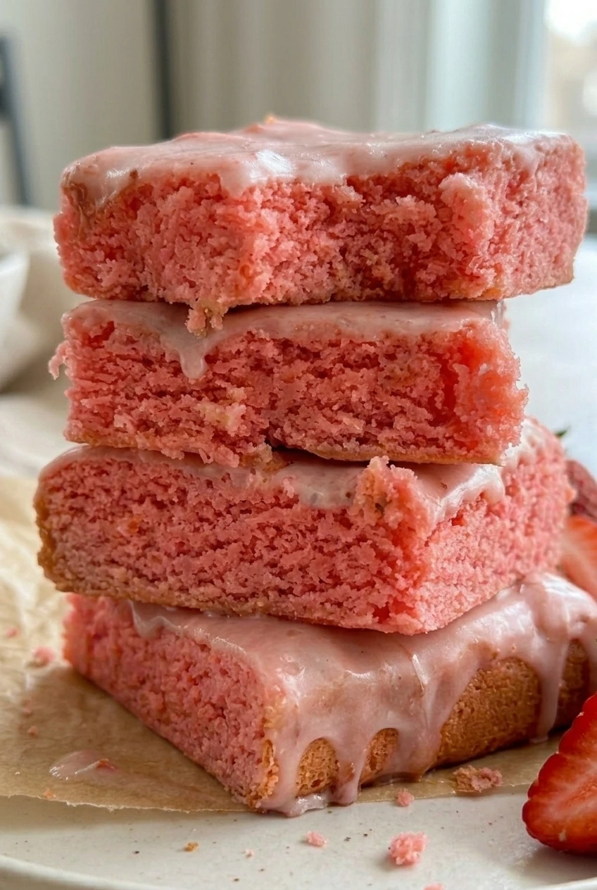 Close view of strawberry brownies showing their dense pink crumb, lightly browned edges, and pale glaze.