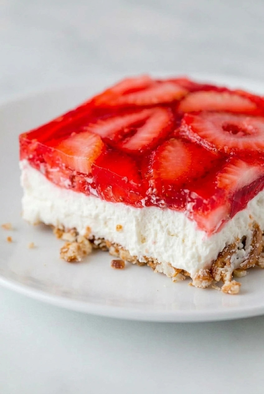 Close detail of strawberry pretzel salad showing berry slices in glossy gelatin above the creamy filling and coarse crust.