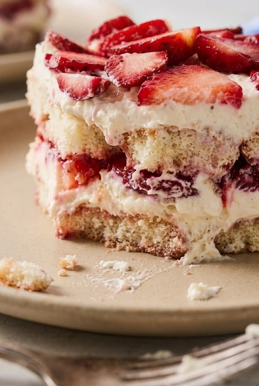 Close view of strawberry tiramisu showing softened ladyfinger layers, mascarpone cream, and a red berry stripe.