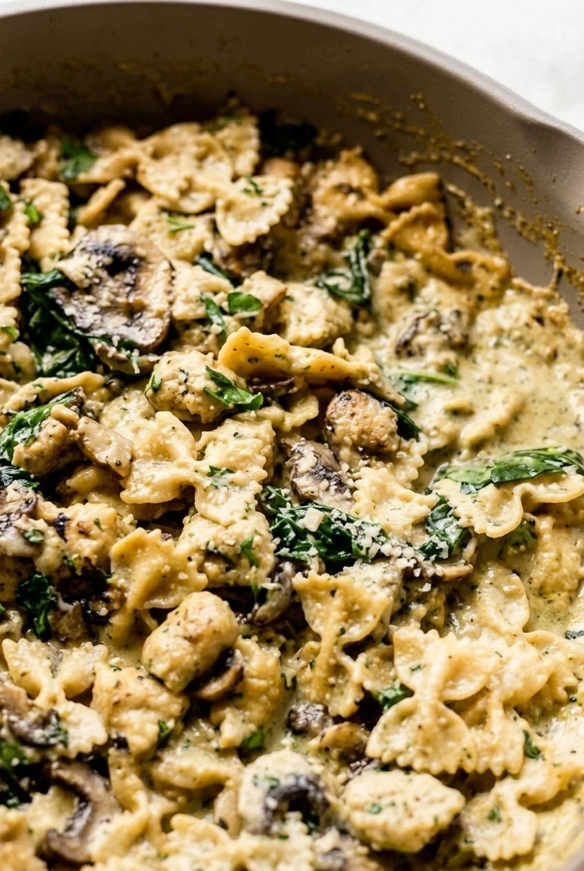 Close-up of creamy farfalle with browned mushroom slices, wilted spinach, and grated Parmesan.