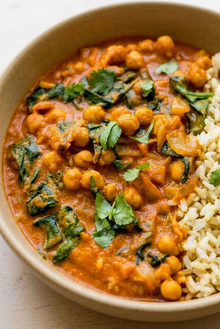 Close view of glossy chickpea and spinach curry, with whole chickpeas, wilted leaves, cilantro, and rice at the edge.