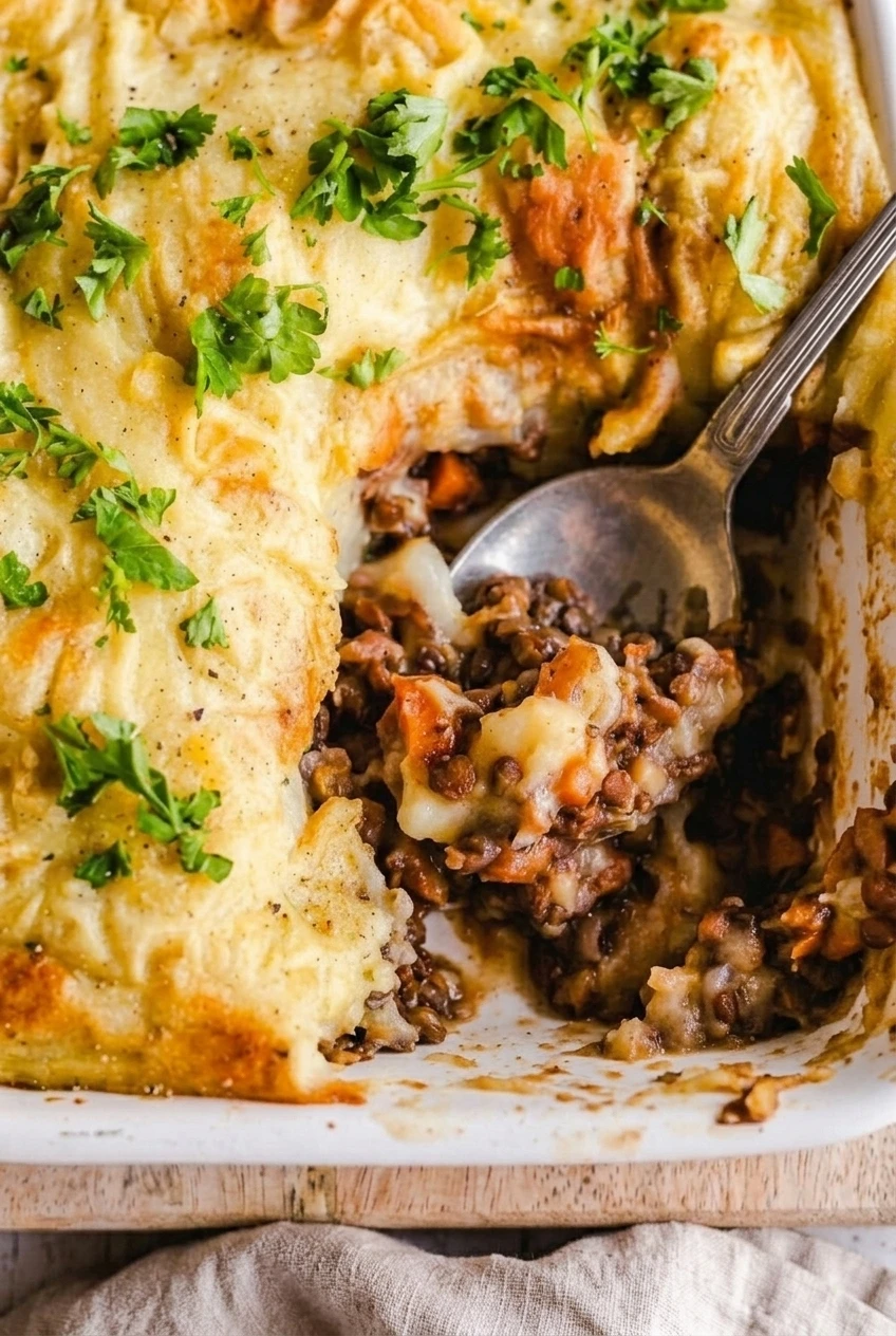 Close view of golden mashed-potato ridges and the brown lentil-and-carrot filling in lentil shepherd's pie.