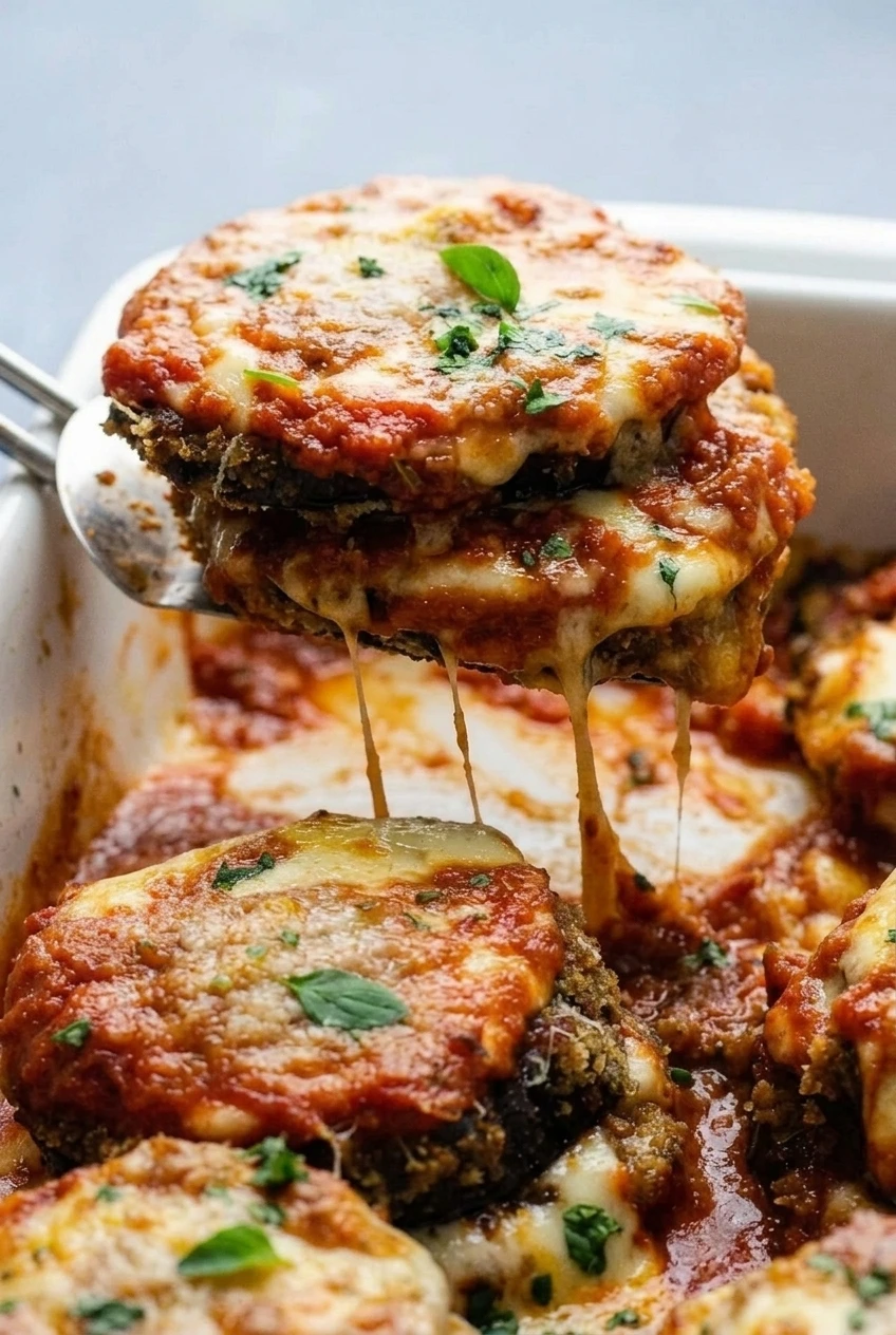 Close view of Eggplant Parmesan showing browned breadcrumb edges, tender layered rounds, marinara, and melted cheese.