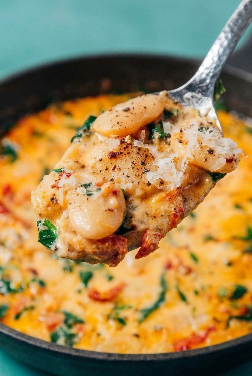 Close-up of whole butter beans coated in creamy sauce with spinach, sun-dried tomato, and grated Parmesan.