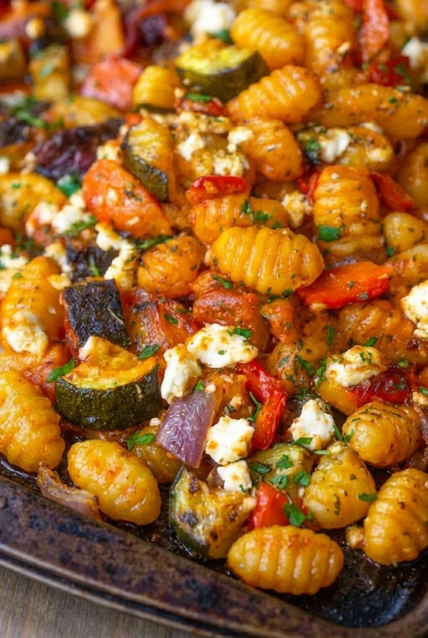 Close detail of golden ridged gnocchi, browned vegetables, feta crumbles, and parsley