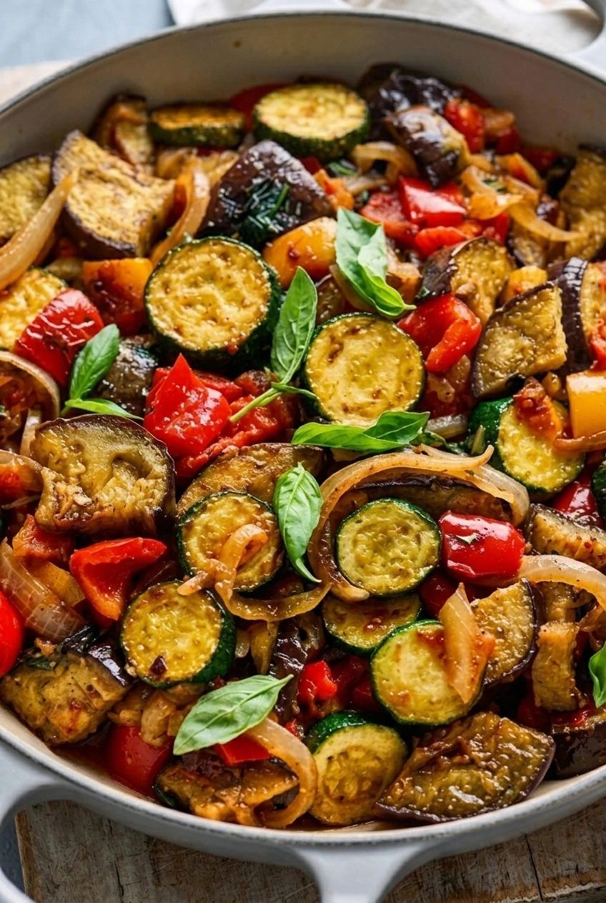Close view of ratatouille showing browned eggplant, golden zucchini rounds, peppers, and fresh basil.