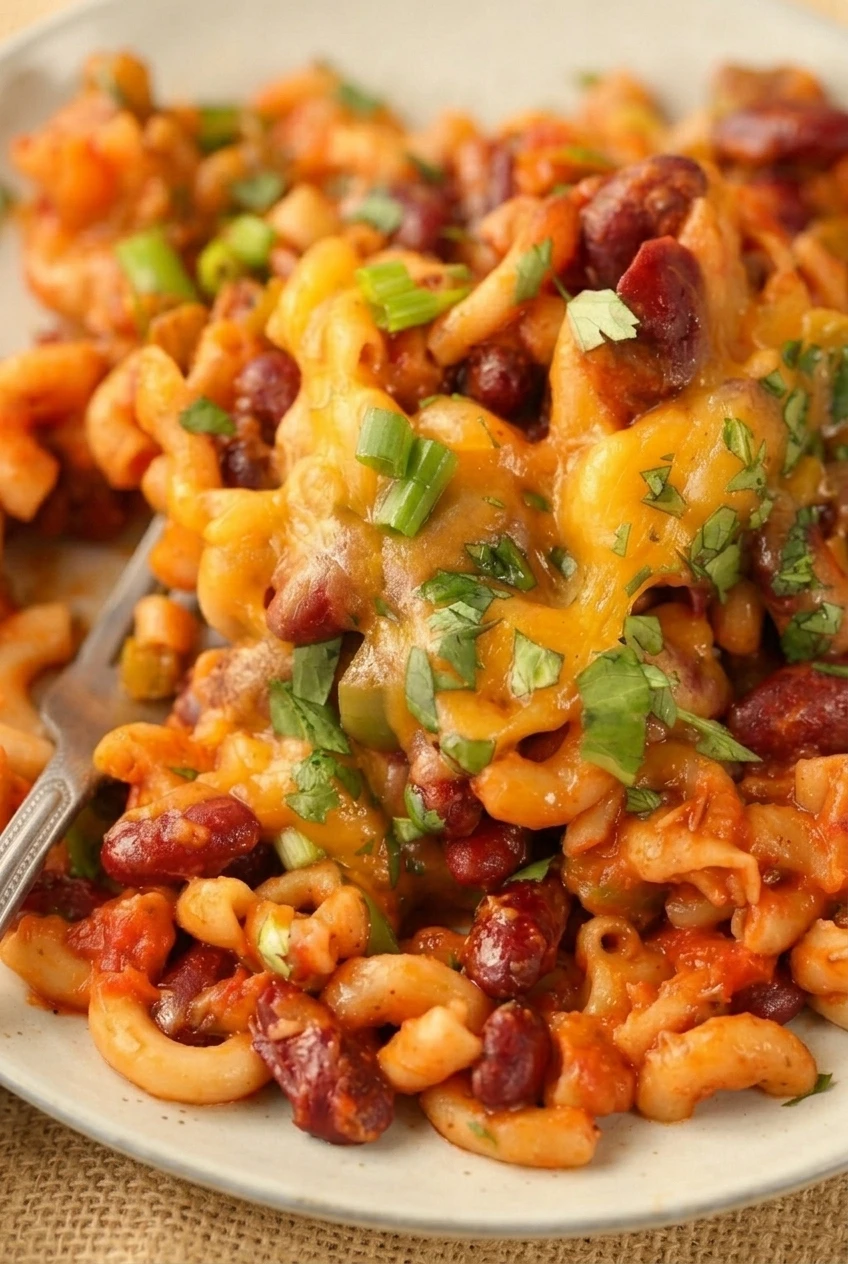 Close-up of vegetarian chili mac showing tender macaroni, whole kidney beans, tomato-chili sauce, melted cheddar, and cilantro.