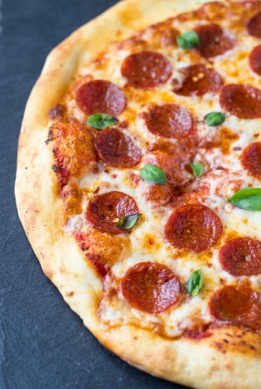 Close detail of pepperoni, browned mozzarella, fresh basil, and the golden raised crust on classic pepperoni pizza.