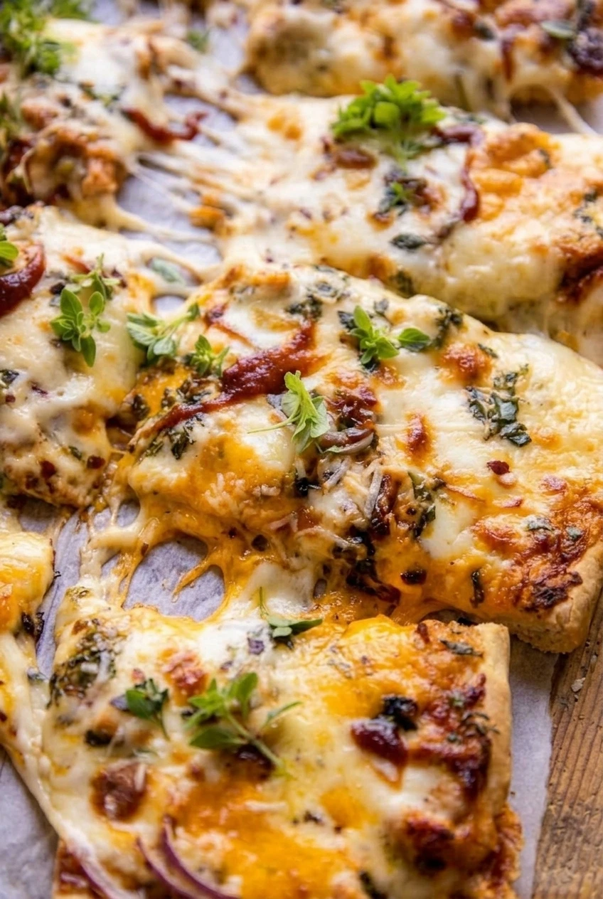 Close detail of BBQ chicken pizza showing bubbling browned cheese, barbecue-coated chicken, red onion, basil, and crust