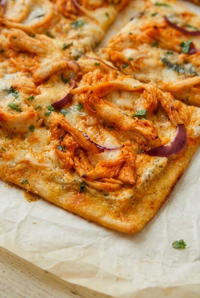 Close detail of Buffalo chicken pizza showing sauced chicken, melted mozzarella, red onion, blue cheese, and golden crust
