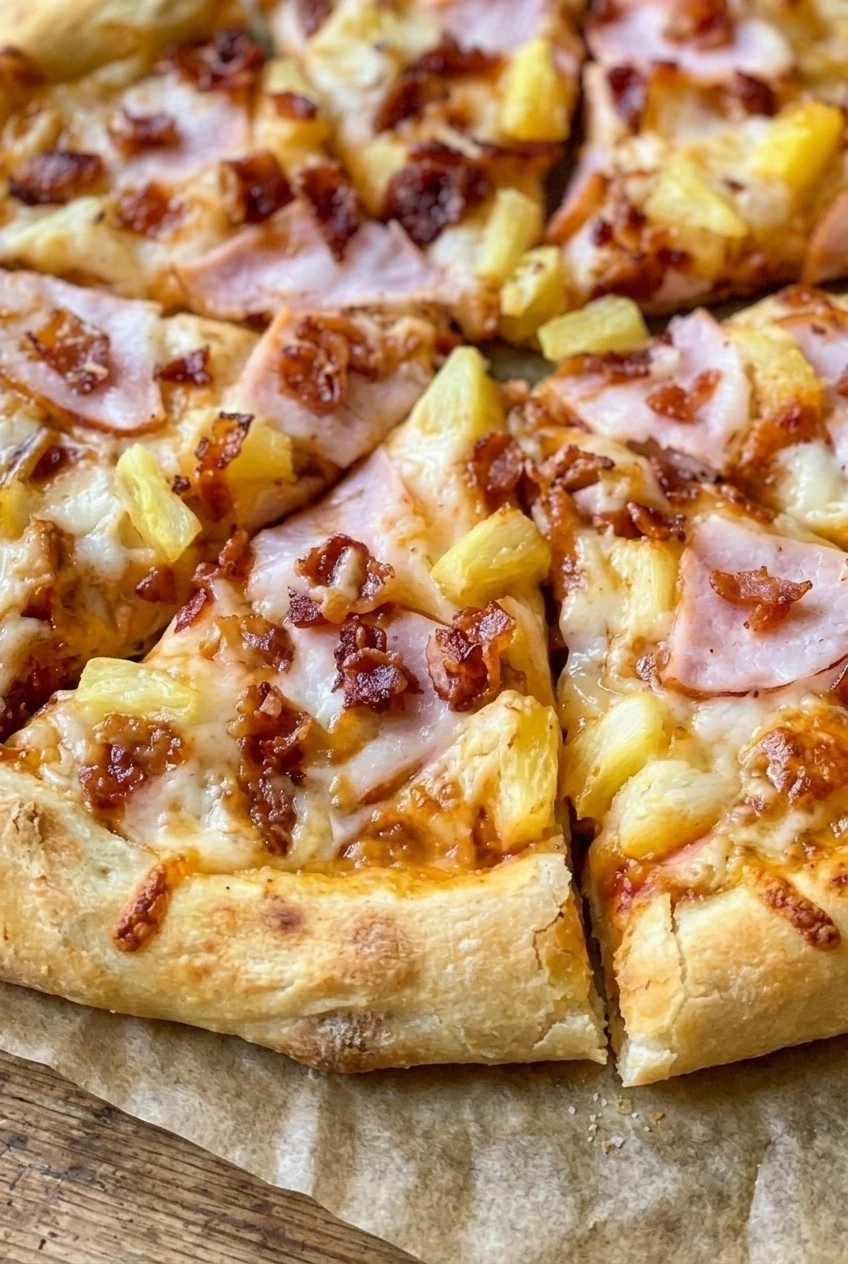 Close view of Hawaiian pizza with bubbling mozzarella, golden pineapple, ham, and browned crust.