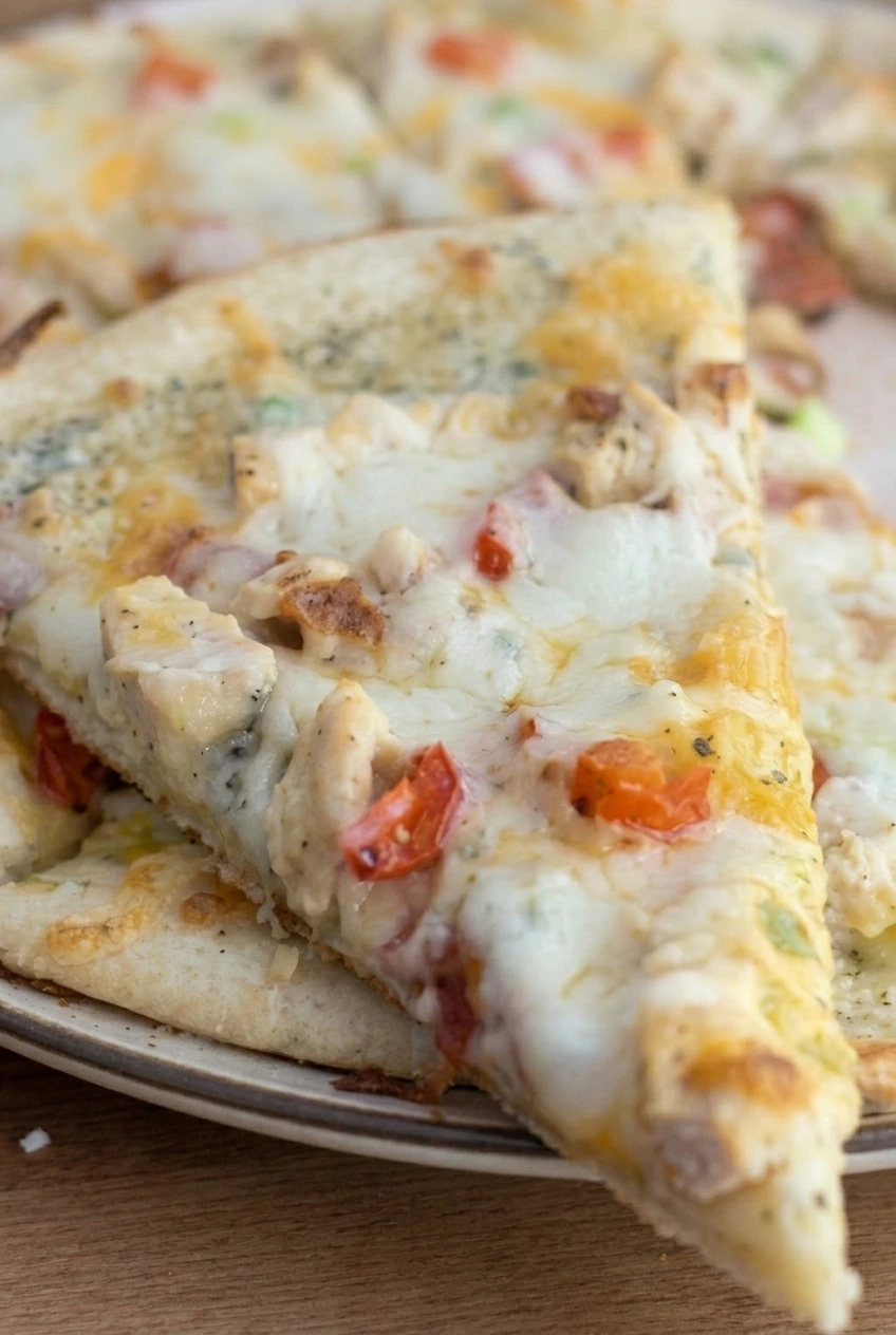 Close view of a white garlic chicken pizza slice with creamy melted cheese, chicken, tomato, and green onion.