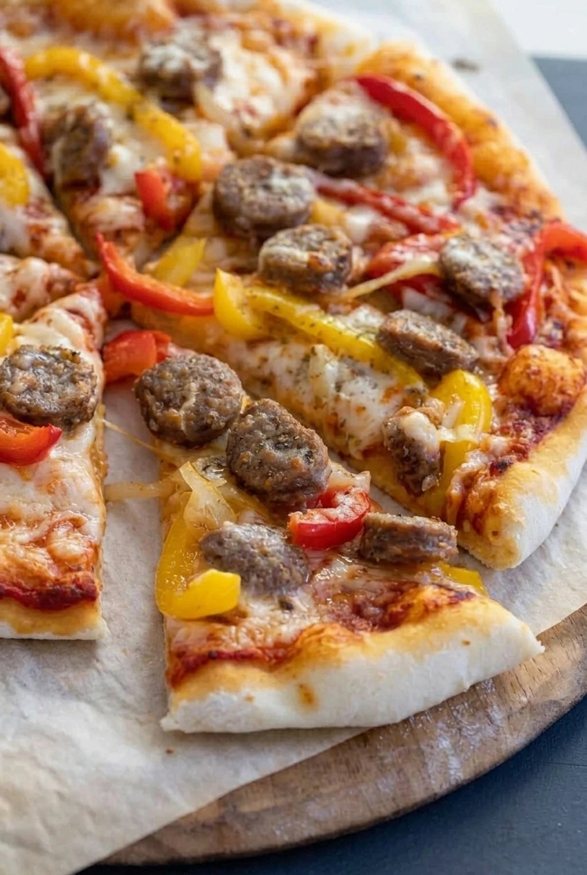 Close detail of browned sausage, tender peppers, softened onion, melted cheese, and the thick edge of Italian sausage pizza.