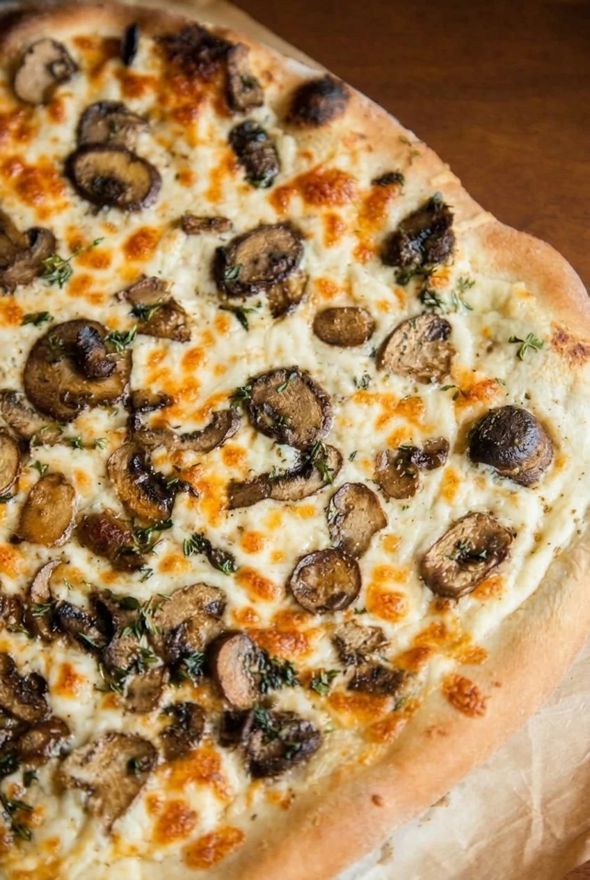 Close detail of browned mushrooms, melted cheese, thyme, and the puffy crust on white mushroom pizza