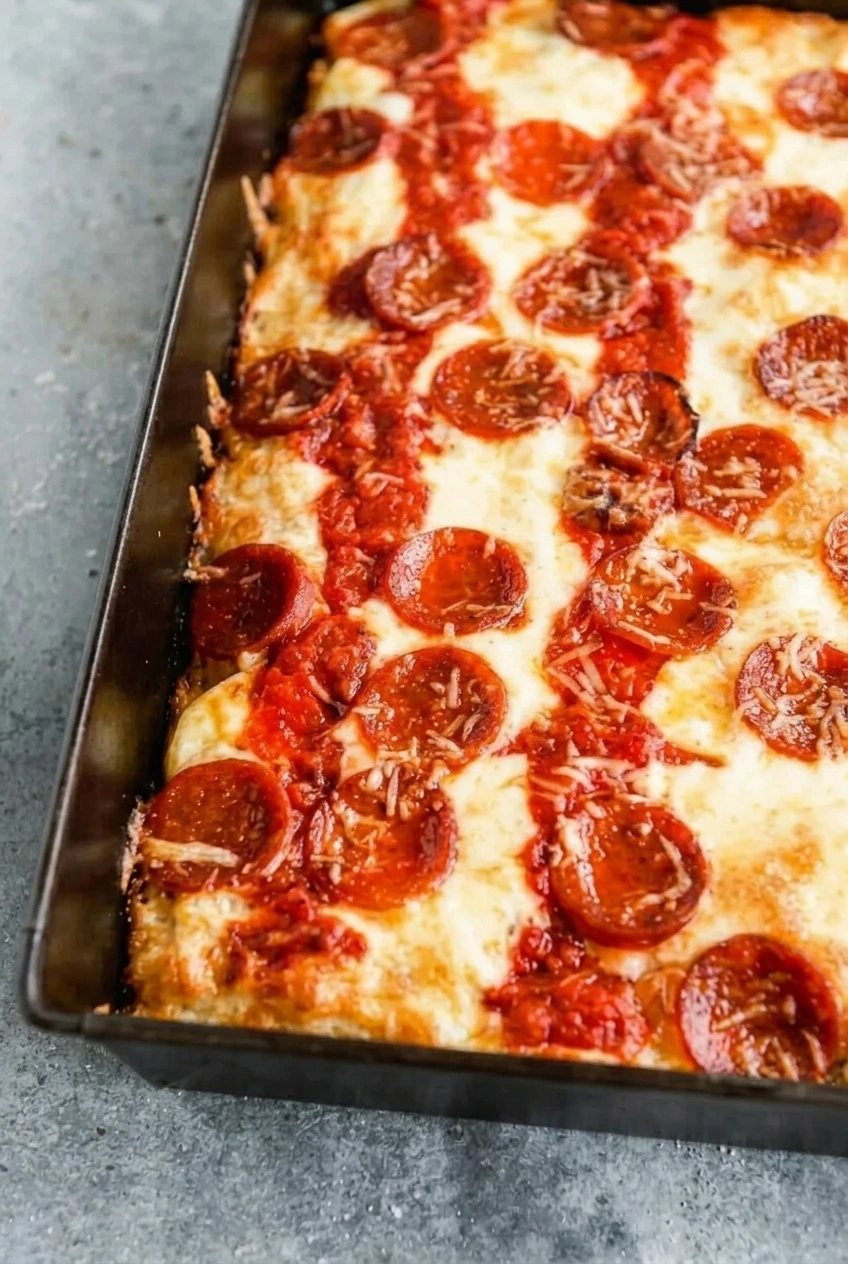 Close view of pepperoni, striped tomato sauce, bubbling cheese, and the browned crust edge of Detroit-style pan pizza
