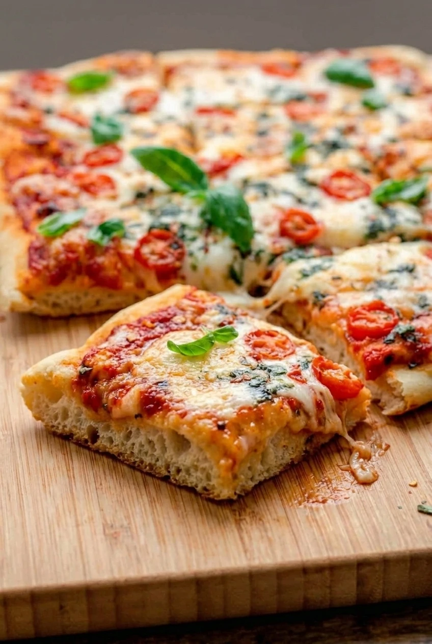 Close view of a separated sheet pan pizza square showing its airy interior, golden crust, mozzarella, tomato, and basil.