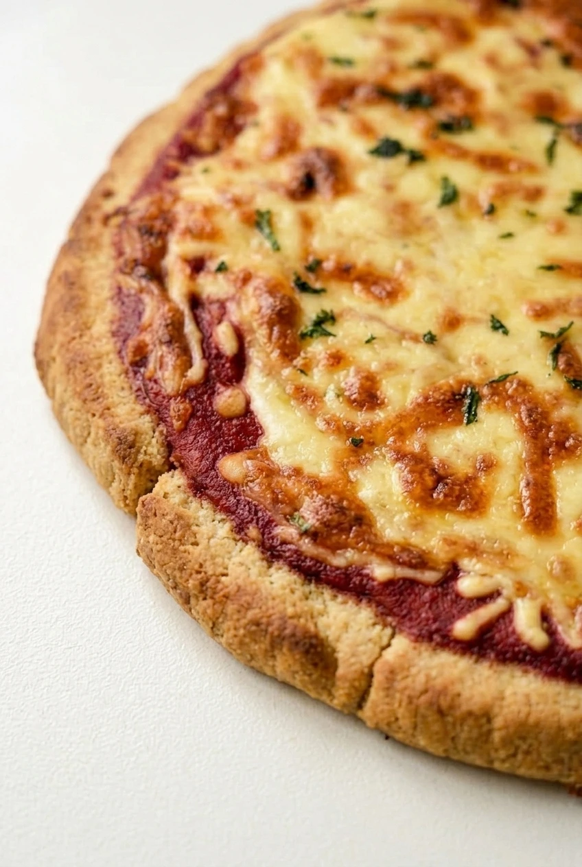 Close detail of browned mozzarella, red sauce, parsley, and the thick almond flour pizza crust.
