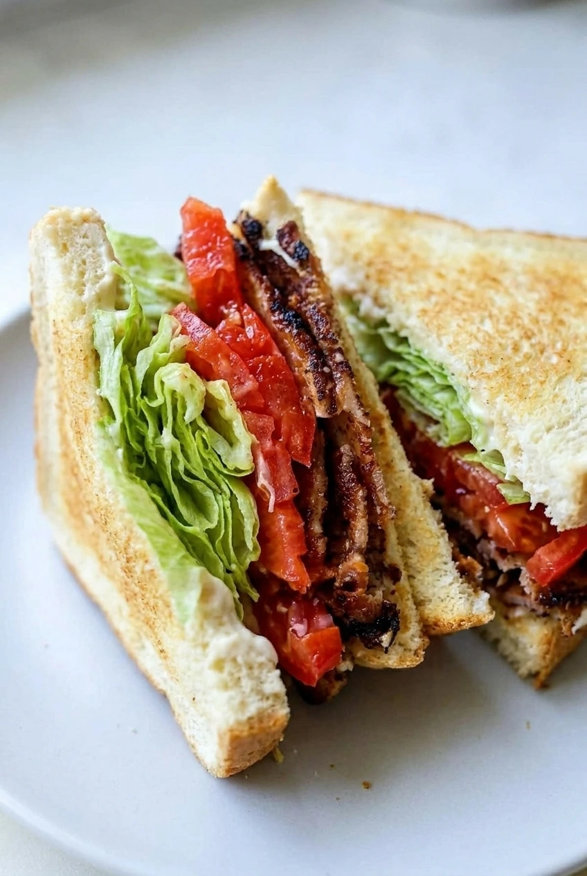 Close detail of a classic BLT's crisp bacon, juicy tomato, ruffled iceberg lettuce, mayonnaise, and lightly toasted bread.