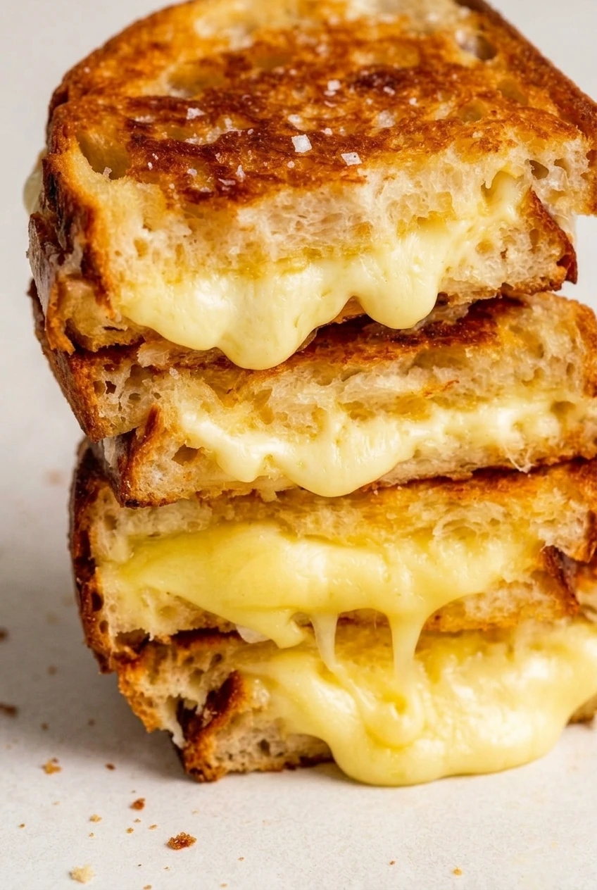 Close detail of melted cheddar and mozzarella between crisp sourdough slices with an open crumb.