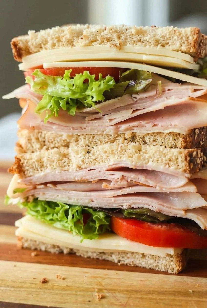 Close view of the folded turkey, pale cheese, lettuce, tomato, and pickles layered in a seeded-bread turkey sandwich.