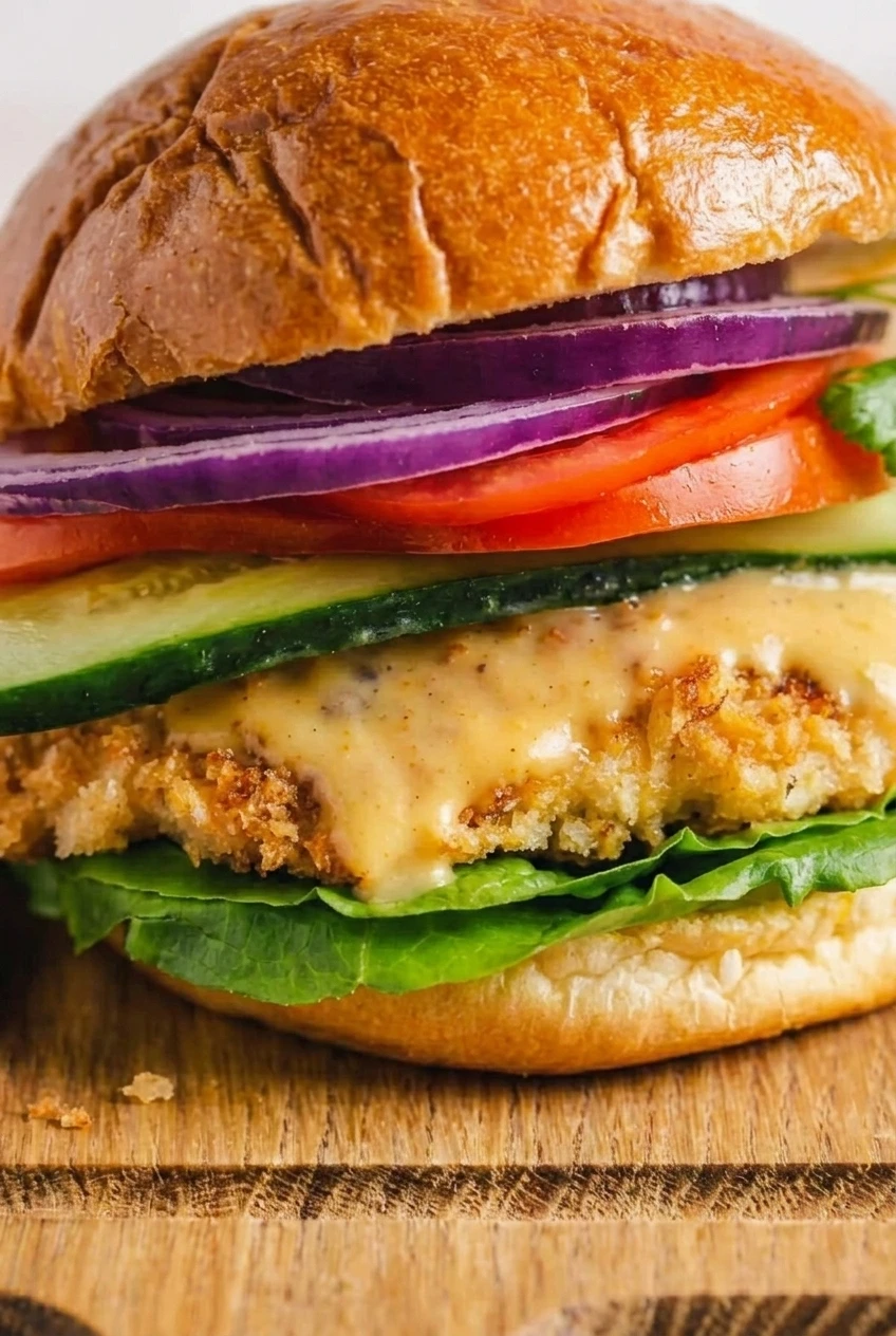 Close view of the crispy panko chicken cutlet, creamy honey mustard, and fresh vegetable layers in a chicken sandwich