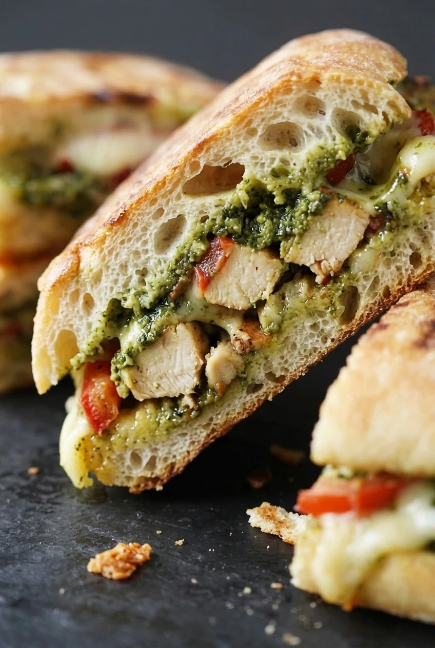 Close view of the panini’s grilled ciabatta crust and cut layers of chicken, pesto, mozzarella, and tomato.