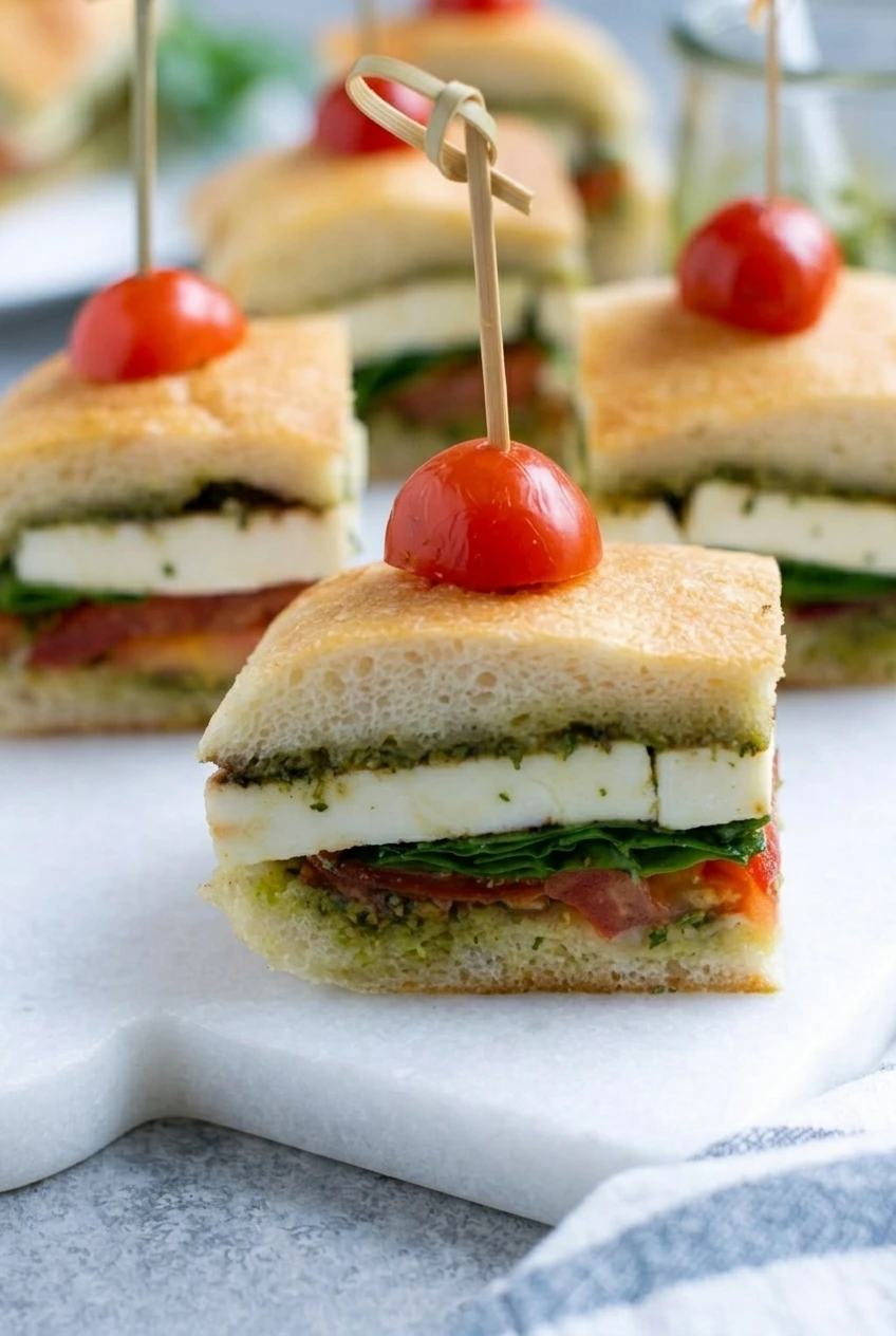Close view of Caprese focaccia bite layers with pesto, tomato, basil, and unmelted mozzarella