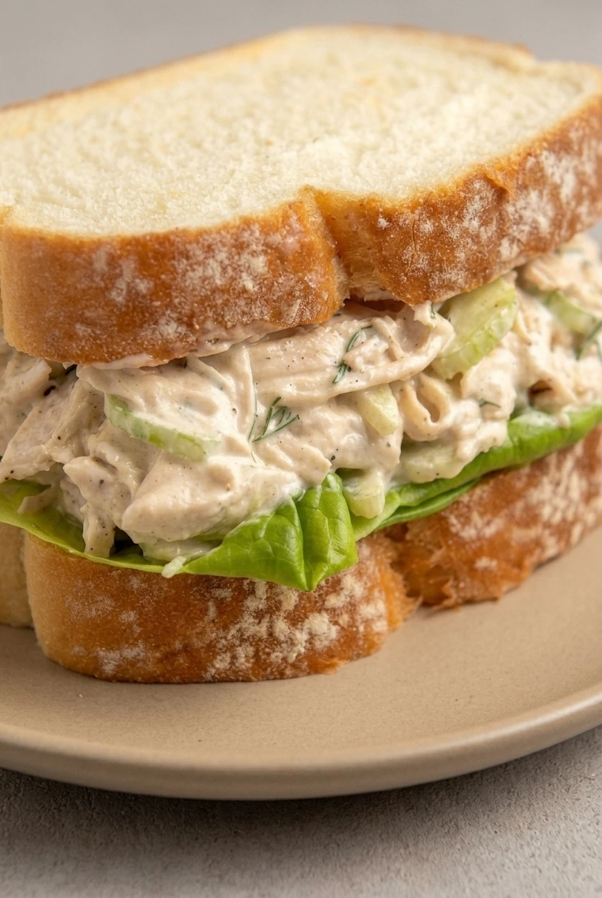 Close view of creamy chicken salad with celery and dill layered over lettuce in a rustic bread sandwich