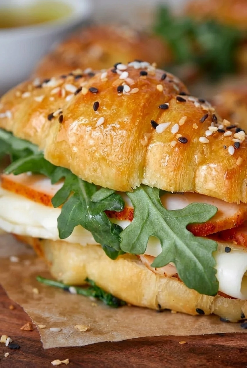 Close view of turkey, softened provolone, and fresh arugula inside a flaky, seeded croissant sandwich