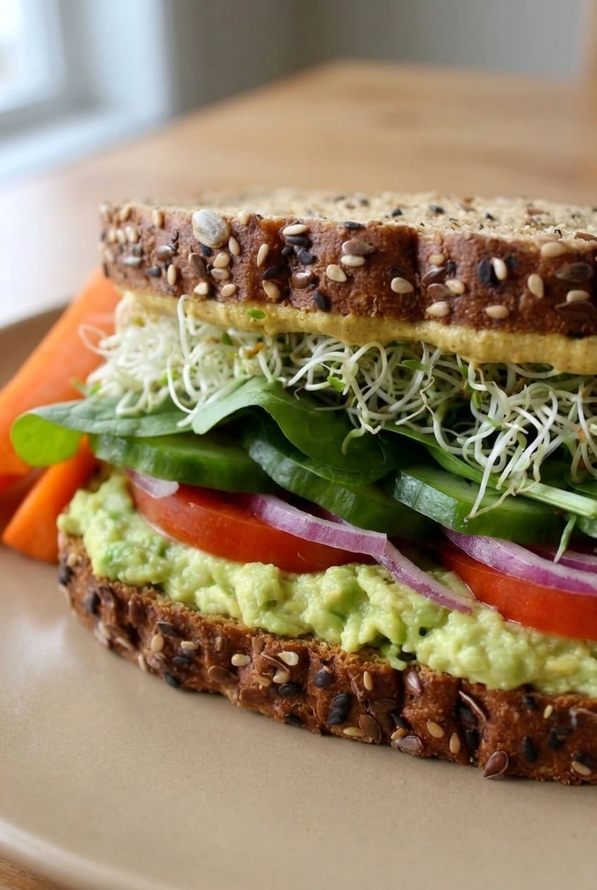 Close side detail of chunky avocado and distinct vegetable, leafy green, and sprout layers in a vegetarian avocado sandwich