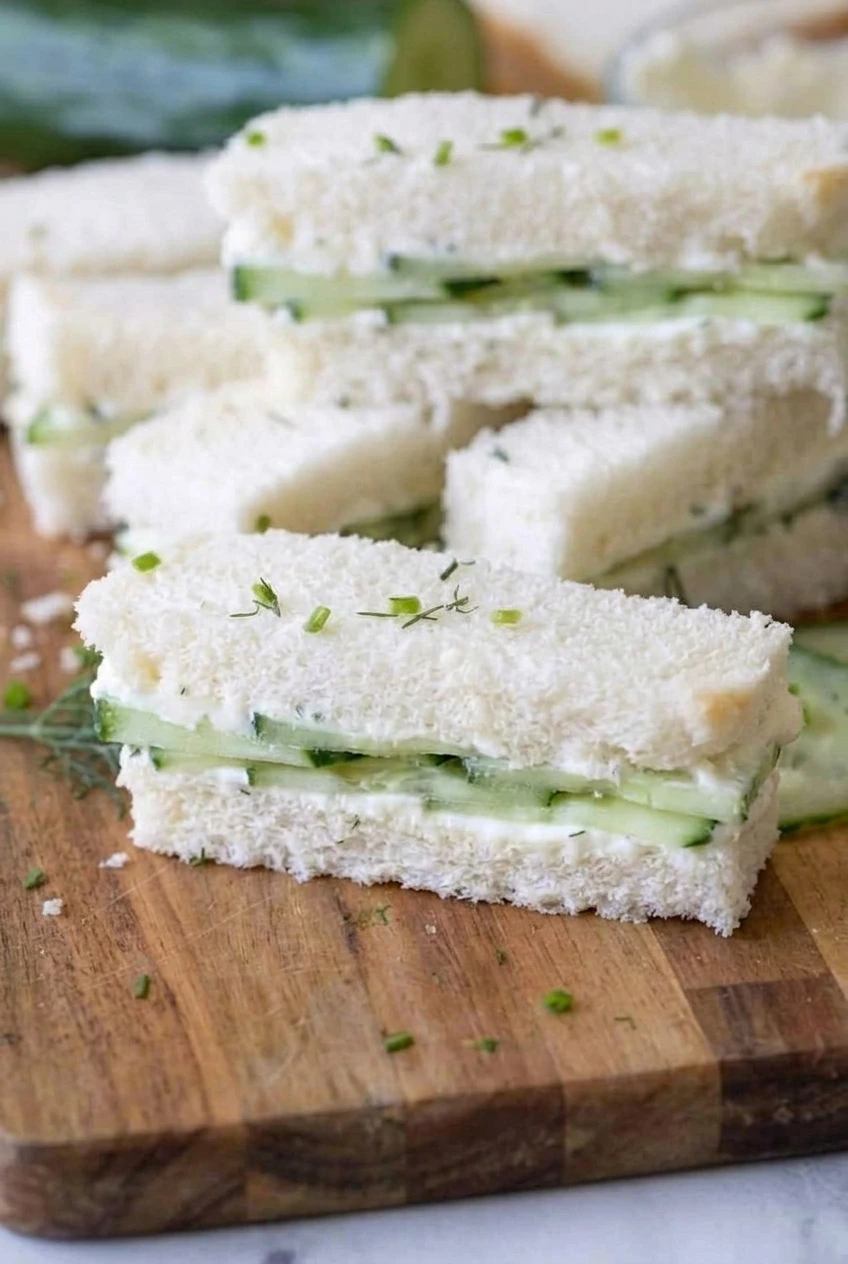 Close view of cucumber cream cheese sandwich fingers showing thin cucumber layers and dill-chive spread between soft white bread.