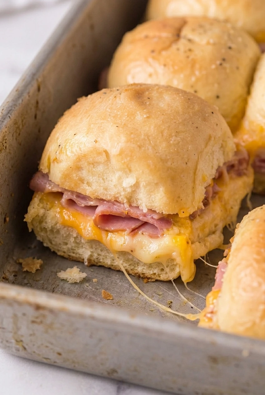 Close detail of a Hawaiian roll slider showing soft bread, pink ham, and stretchy melted cheddar and Swiss.