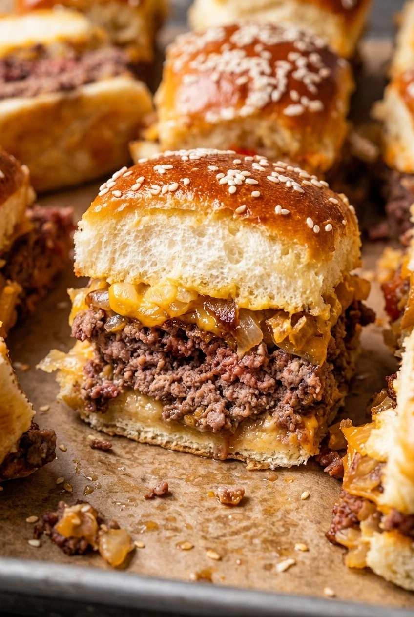 Close view of a cut cheeseburger slider showing its browned beef, melted cheddar, onion, and soft roll