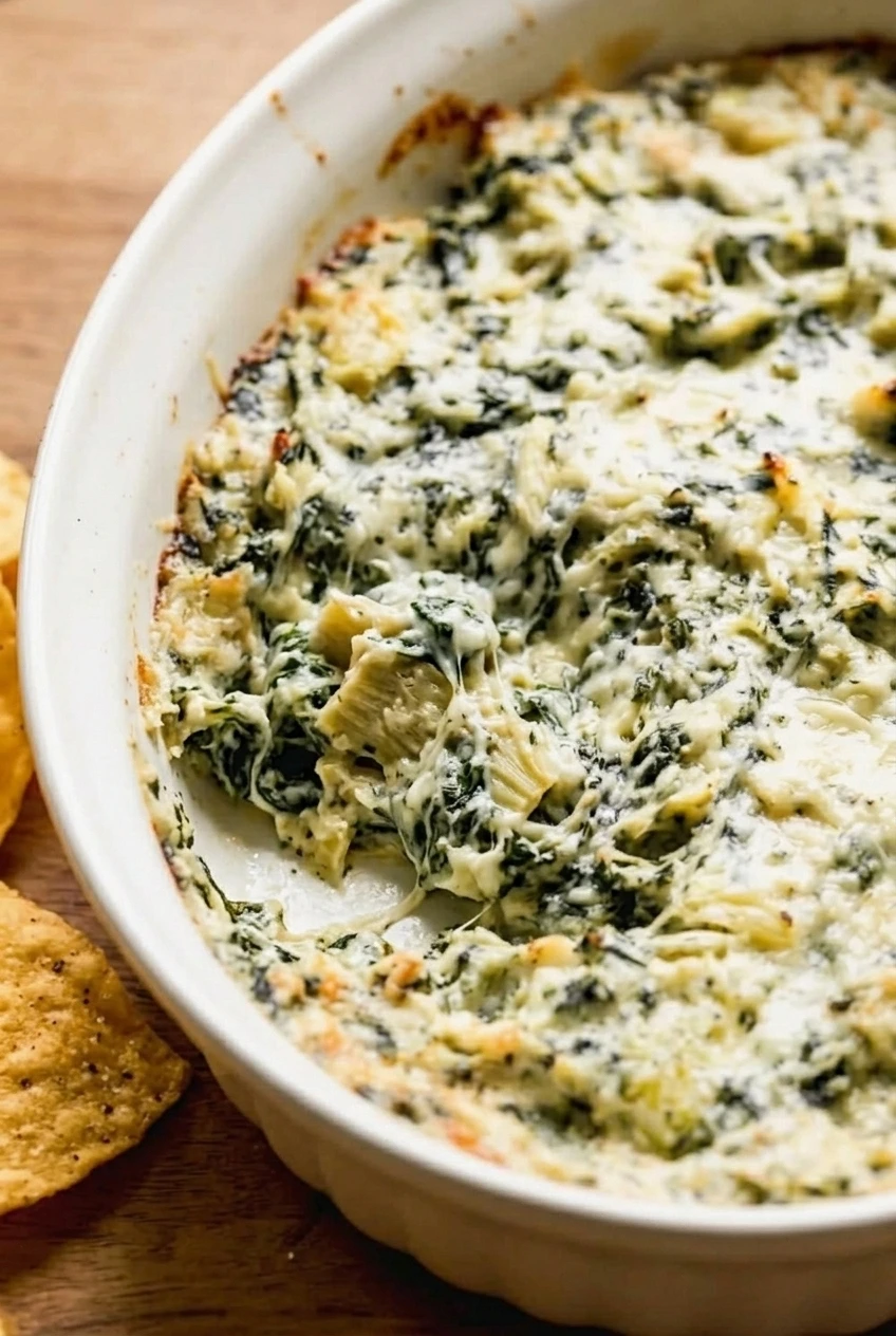 Close view of creamy spinach artichoke dip showing leafy spinach, artichoke pieces, and melted cheese.