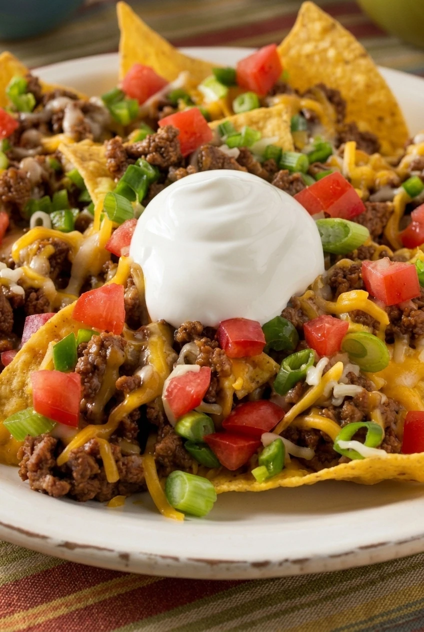 Close detail of loaded beef nachos showing browned beef, melted cheese, crisp chip edges, and fresh toppings
