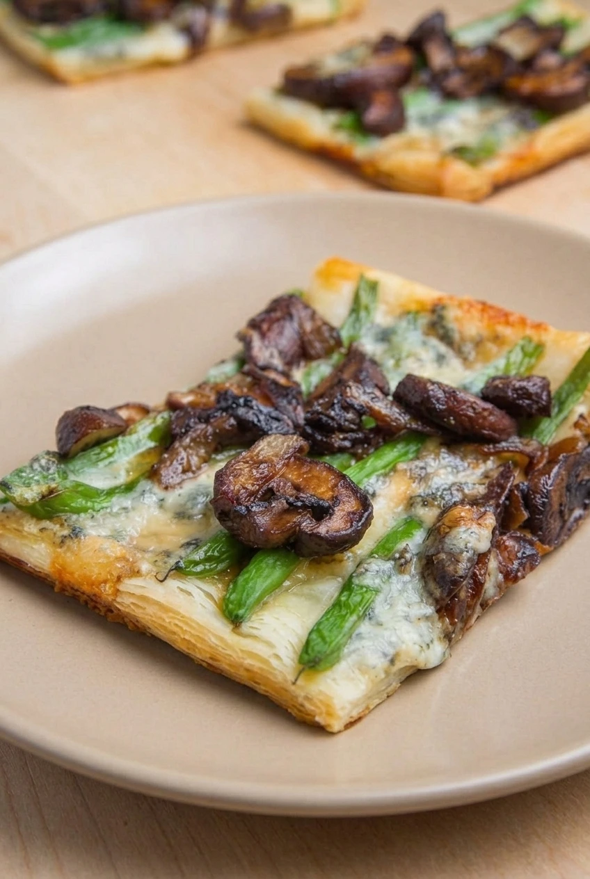 Close detail of flaky puff pastry, visible green beans, browned mushrooms, and melted blue cheese on a tart.