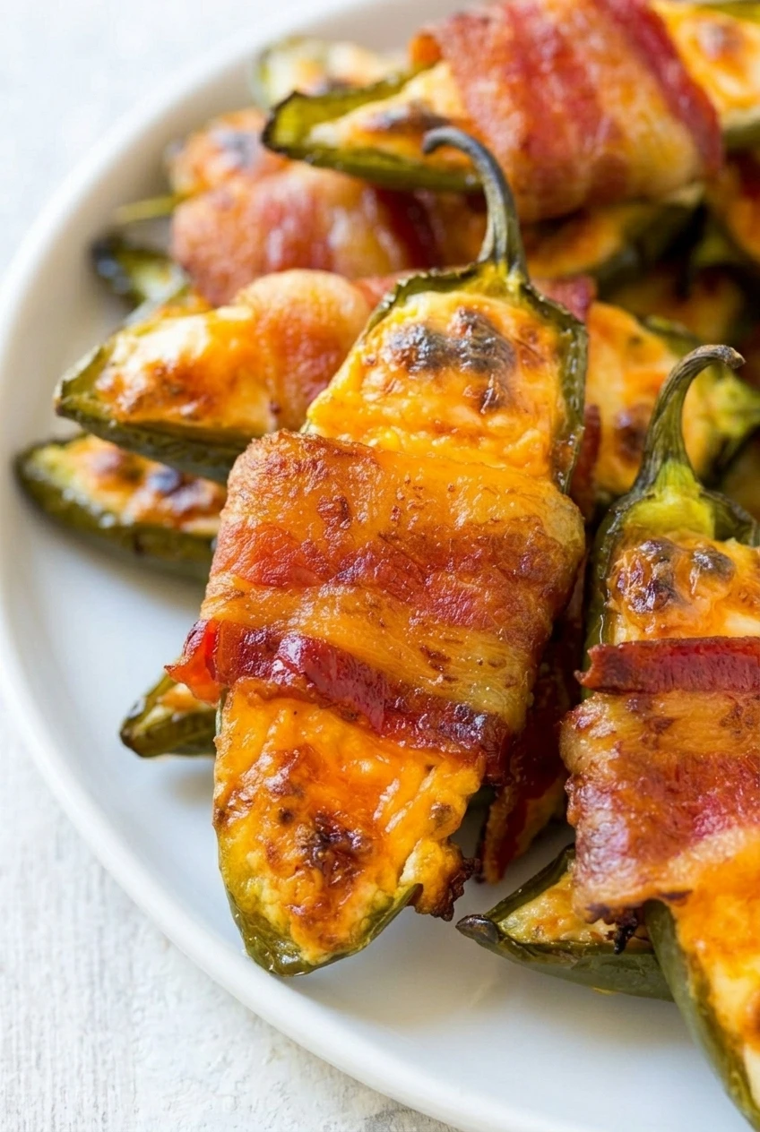 Close detail of a bacon-wrapped jalapeño popper with bubbly cheddar filling and browned edges.
