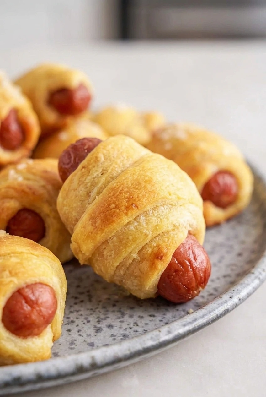 Close detail of a golden crescent-dough wrap with its reddish cocktail sausage ends exposed