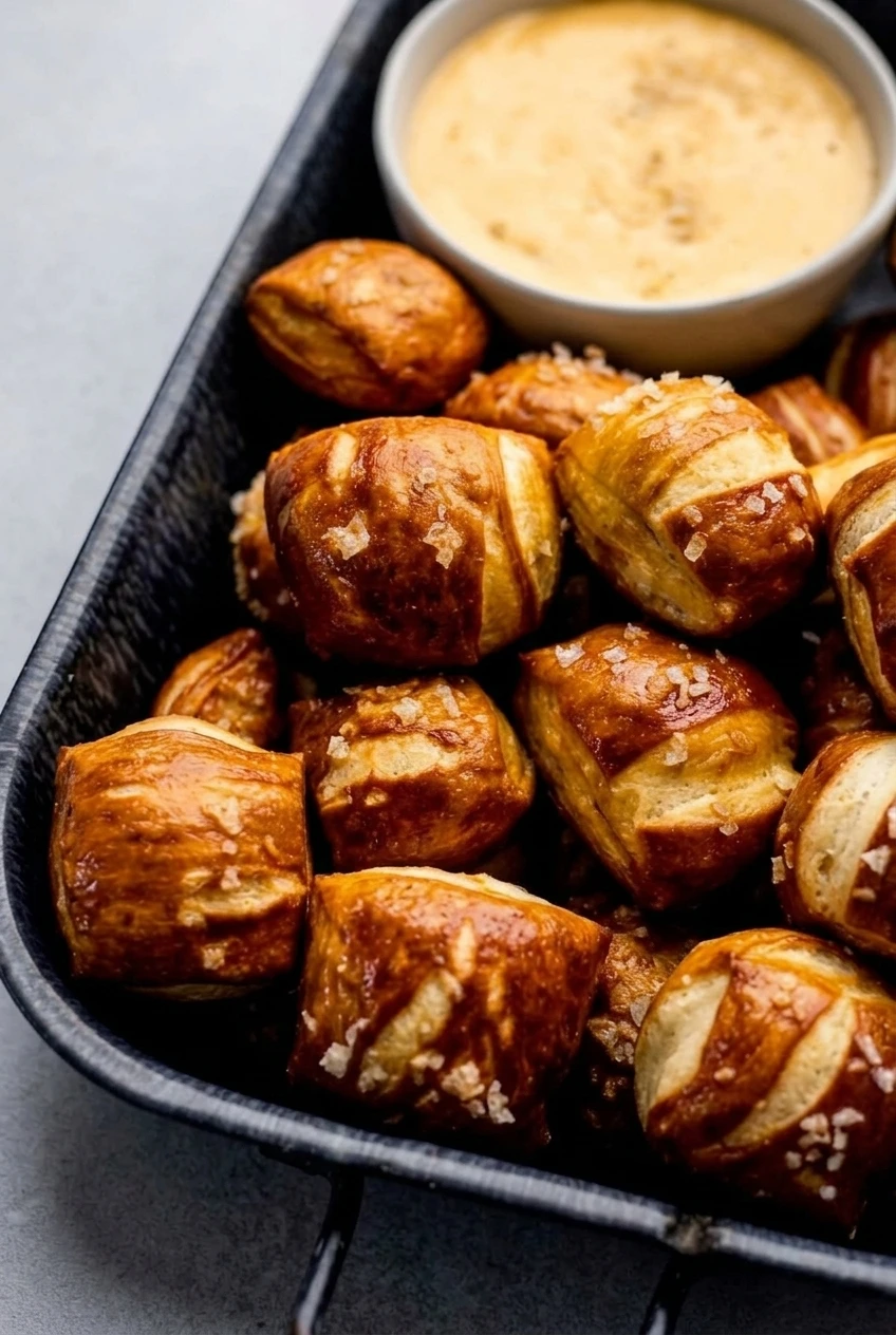 Close view of browned soft pretzel bites showing coarse salt, pale cut faces, and smooth cheddar dip.