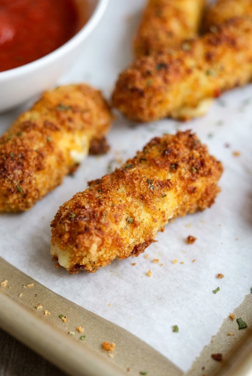 Close-up of the coarse, deeply browned breadcrumb crust and herb flecks on an air fryer mozzarella stick.