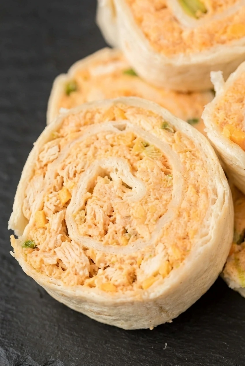 Close detail of a Buffalo chicken pinwheel spiral with shredded chicken, cheddar pieces, and green onion flecks.