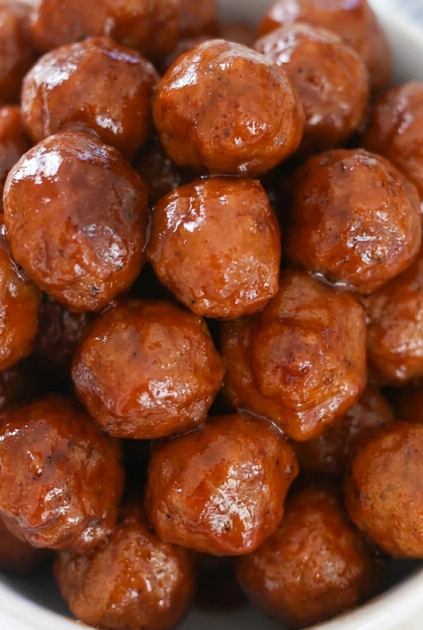 Close view of glossy BBQ sauce coating the round meatballs