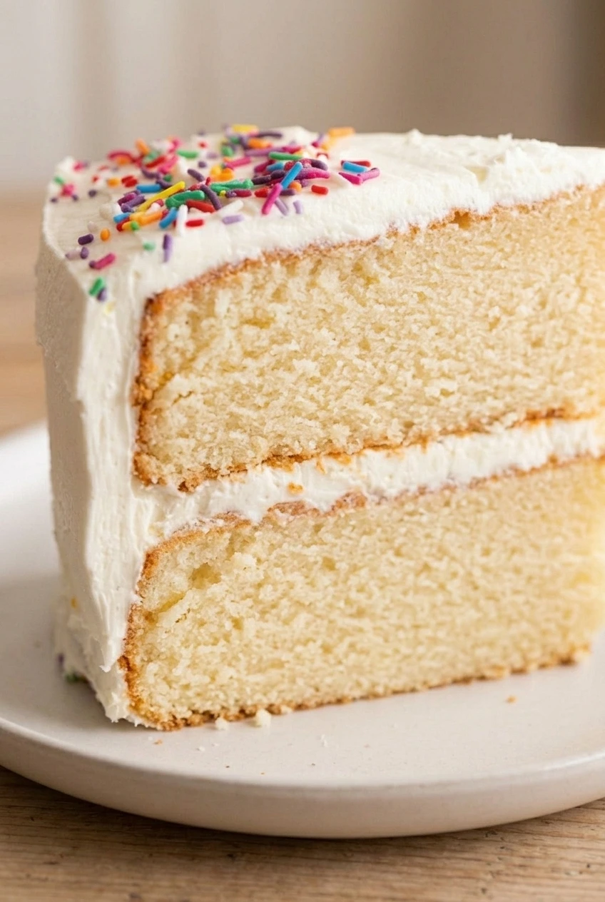 Close view of pale vanilla cake crumb and the buttercream stripe between the layers