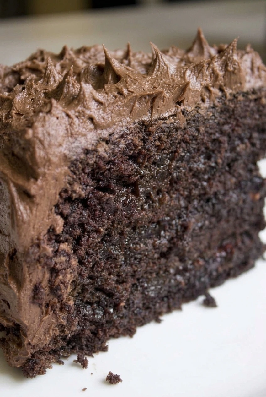 Close detail of the chocolate cake's moist crumb, frosting seam, and rustic buttercream peaks.