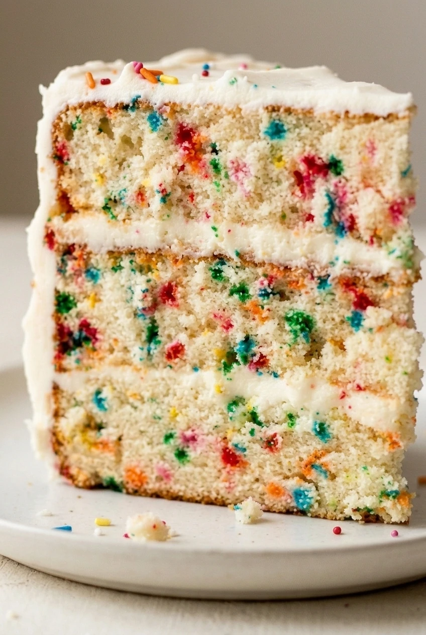 Close view of the colorful vanilla crumb and thin buttercream lines in a Funfetti cake slice.
