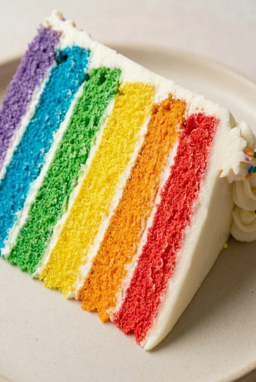 Close view of the rainbow cake's vivid layers, tender crumb, and thin buttercream seams