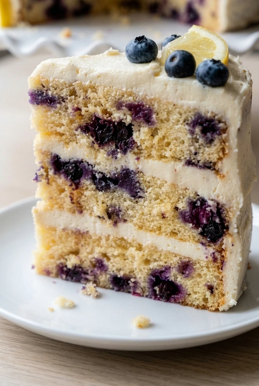 Close view of lemon blueberry cake layers showing blueberries in the crumb and pale cream cheese frosting bands.